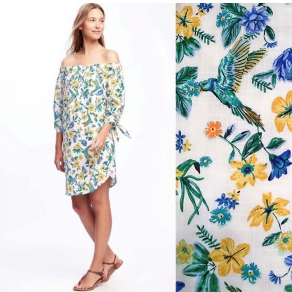 NEW OLD NAVY WHITE OFF SHOULDER DRESS BRIGHT FLORAL PARROT LINED COTTON DRESS XS